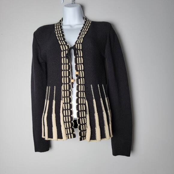 Destiny Milan London Cardigan S Black Cream Tie Front Long Sleeve Mod Knit Retro - Picture 1 of 7